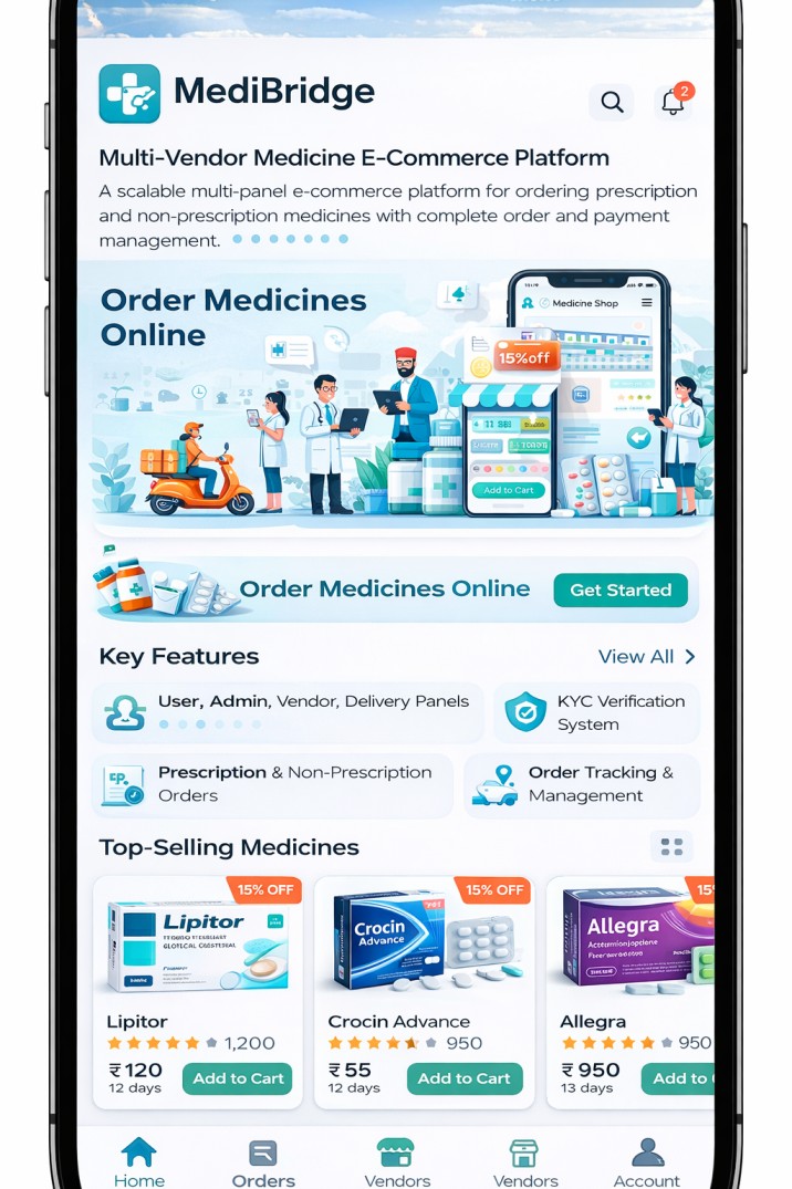 MediBridge multi-vendor medicine e-commerce UI